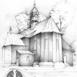 Humniska, kościół drew. od pd. –wsch., rys. nn pod kier. A. Bocheńskiego, 2001, sygn. AAB_006_006_12_Eb