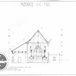 Humniska, kościół drew., przekrój poprzeczny, rys. T. Gaber, Ł. Podczaszy, M. Tatar pod kier. A. Bocheńskiego, 2001, sygn. AAB_006_006_05_Eb