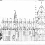 Nowosielce, kościół, przekrój podłużny z wid. na część pd., wyk. zespół. A. Bojarski, A. Chojnicki, P. Kędza, J. Kuter pod kier. A. Bocheńskiego, 1983, sygn. AAB_005_002_05_Ec