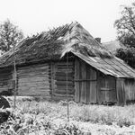 Hyżne, zagroda (1), budynek inwentarski, elewacja tylna i boczna – lewa, w tle widoczny dom, fot. A. Bocheński, 1993, sygn. AAB_01_12_10_C