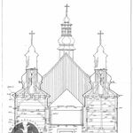 Jasienica Rosielna, kościół, przekrój poprzeczne przez wieże z wid. na część wsch., rys. A. Bocheński, K. Krężel, współpraca przy pomiarach D. Munia, P. Kochanek, 1998, sygn. AAB_003_002_06_Ec