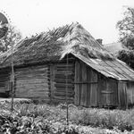 Hyżne, zagroda (1), budynek inwentarski, elewacja tylna i boczna – lewa, w tle widoczny dom, fot. A. Bocheński, 1993, sygn. AAB_01_12_05_C