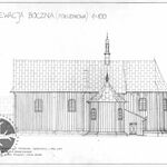 Humniska, kościół drew., elewacja pd., rys. S.Leja, M. Początko, M. Sikora pod kier. A. Bocheńskiego, 2001, sygn. AAB_006_006_08_Eb