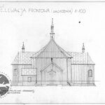 Humniska, kościół drew., elewacja zach., rys. T. Gaber, Ł. Podczaszy, M. Tatar pod kier. A. Bocheńskiego, 2001, sygn. AAB_006_006_10_Eb