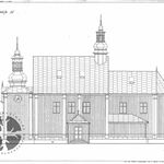 Jasienica Rosielna, kościół, elewacja pd., rys. A. Bocheński, K. Krężel, współpraca przy pomiarach D. Munia, P. Kochanek, 1998, sygn. AAB_003_002_10_Ec