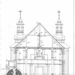 Jasienica Rosielna, kościół, przekrój poprzeczne przez nawę z wid. na część zach., rys. A. Bocheński, K. Krężel, współpraca przy pomiarach D. Munia, P. Kochanek, 1998, sygn. AAB_003_002_08_Ec