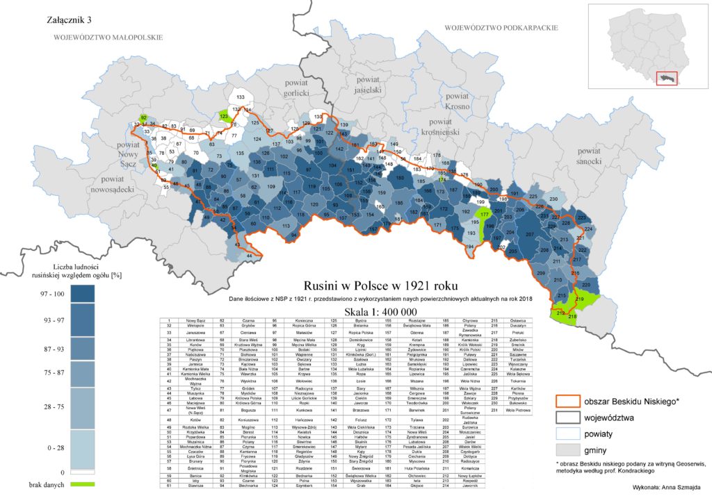 Русины в Польщы в 1921 р. (мапа тыкат ся русиньского населіня лем в Низкым Бескіді)
